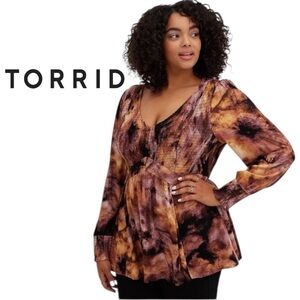 Torrid Tie Dye Babydoll Top Brown Gold Long Sleeve Size 0X